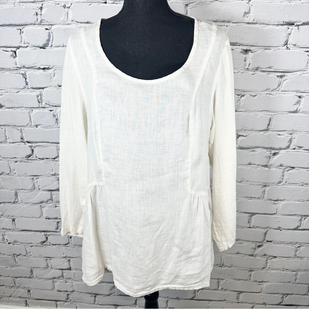 Flax 100% Linen Tunic Blouse Top Small Natural White Long Sleeve Lagenlook Boho